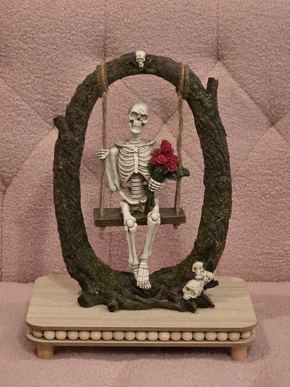 Skeleton on Swing Figurine with Red Roses